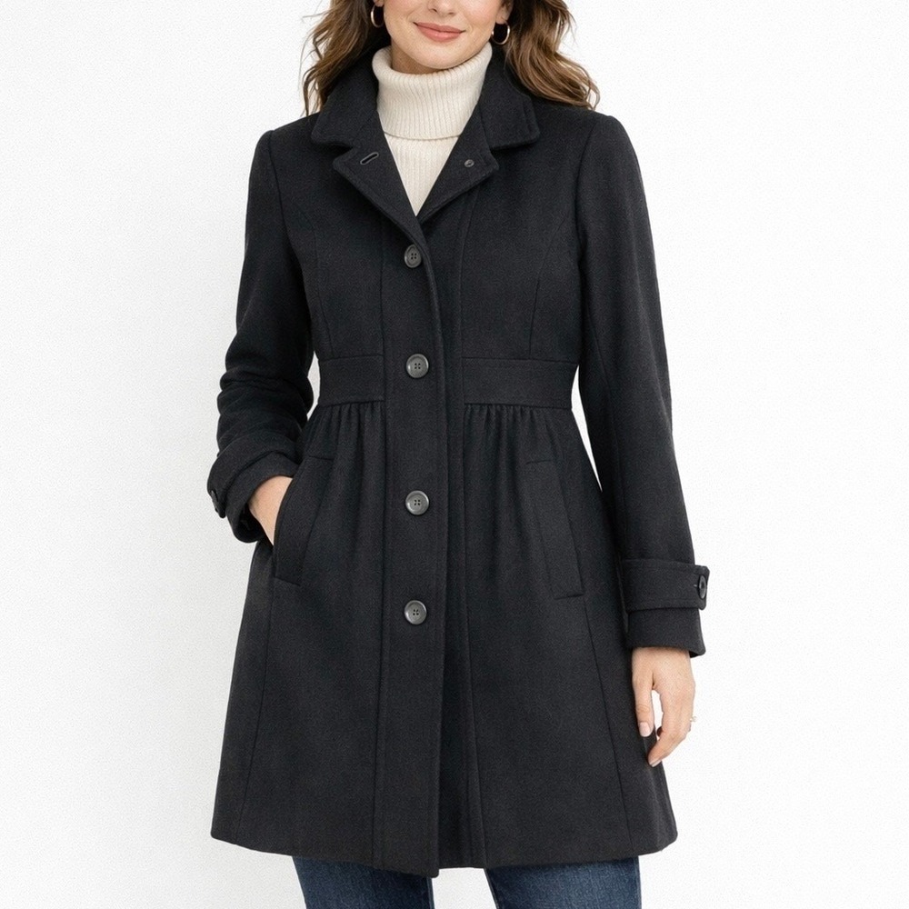 J.Crew‎ Black Wool Coat Women's Lady Day Midi Fit & Flare Pleated A-Line Size 8